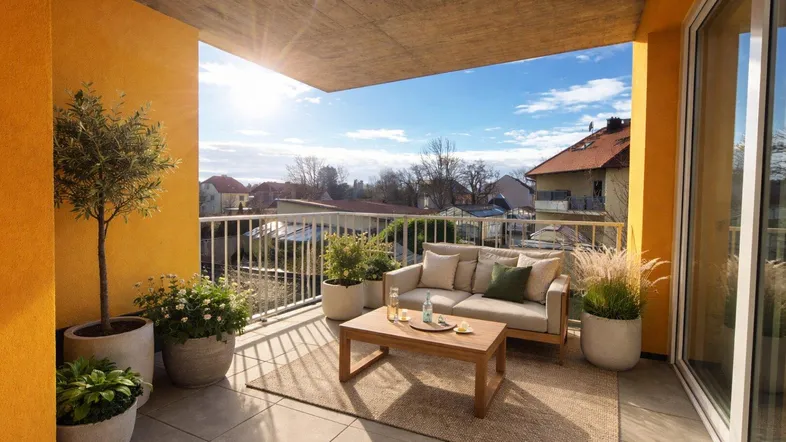 Sonniger Balkon mit modernen Outdoor-Möbeln, Pflanzen und weitem Blick über die Wohngegend.