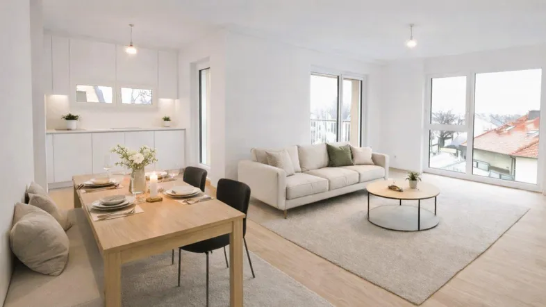 Heller, offener Wohn-Essbereich mit integrierter moderner Küche, großen Fenstern und Zugang zum Balkon.