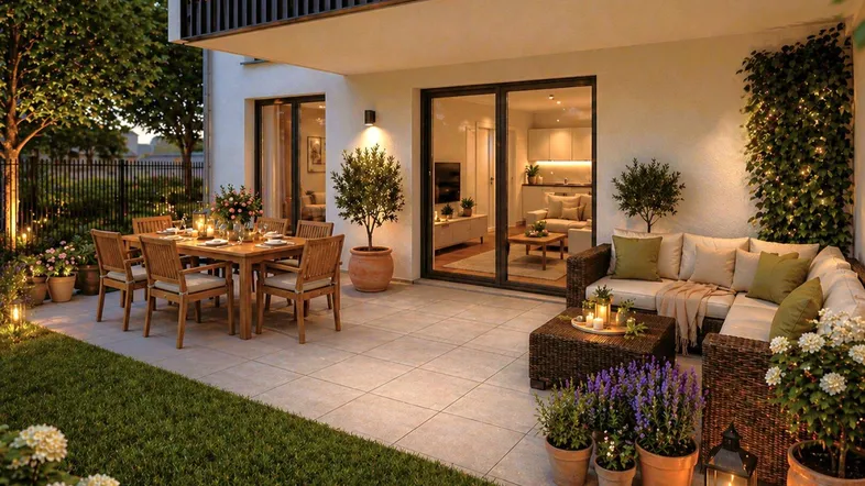 Geräumige Terrasse mit Essbereich, Lounge-Möbeln und stimmungsvoller Beleuchtung im Garten.