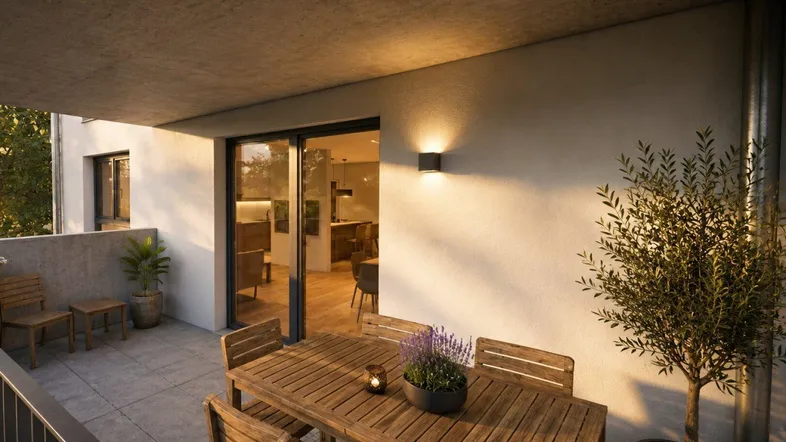 Geräumiger Balkon mit Holztisch und Stühlen, ideal für Mahlzeiten im Freien und Entspannung.