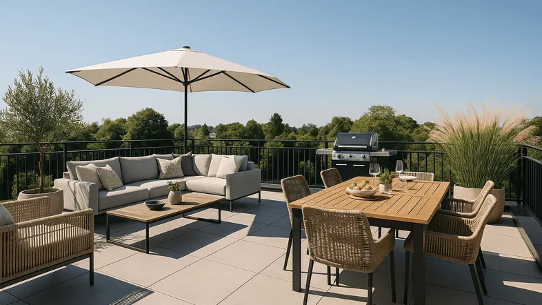 Große, möblierte Dachterrasse mit Essbereich, Lounge-Sofa und Grill, umgeben von grüner Natur.