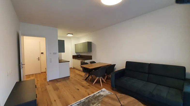 Heller offener Wohn-Essbereich mit Holzboden, moderner Küche und gemütlichem Sofa.