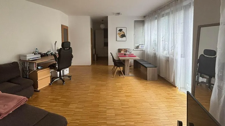 Geräumiger Wohn- und Essbereich mit hellem Parkettboden, großen Fenstern und viel Tageslicht.