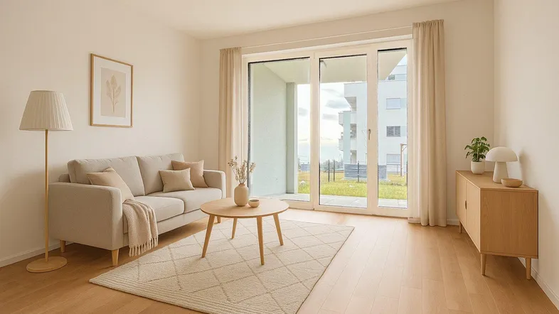 Helles Wohnzimmer mit beigem Sofa, Holzboden und großem Fenster mit Zugang zur Terrasse.