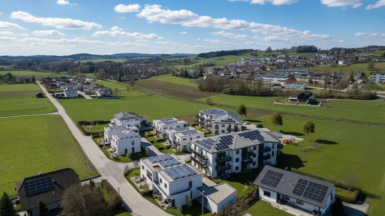 Luftaufnahme einer modernen Wohnsiedlung mit Photovoltaikanlagen in ländlicher Umgebung.