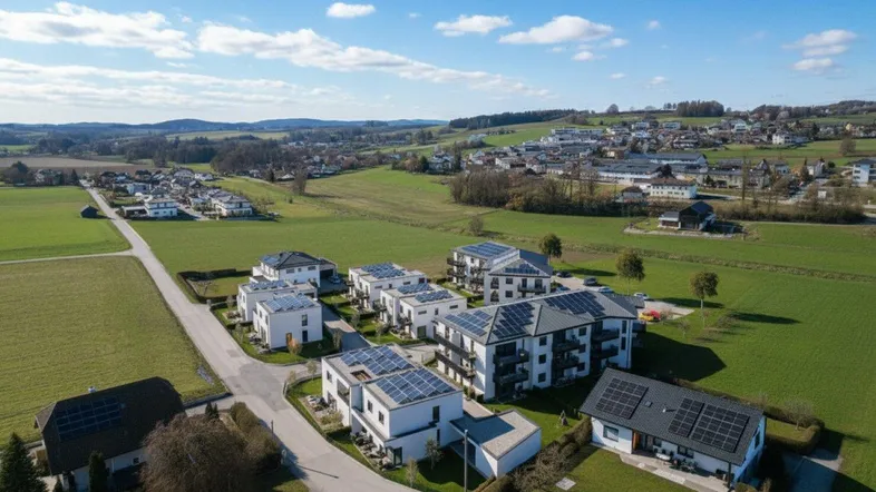 Luftaufnahme einer modernen Wohnsiedlung mit mehreren Gebäuden und Photovoltaikanlagen in ländlicher Umgebung.