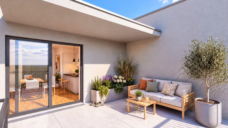 Moderne Dachterrasse mit bequemen Gartenmöbeln, Pflanzen und Zugang zum Essbereich.