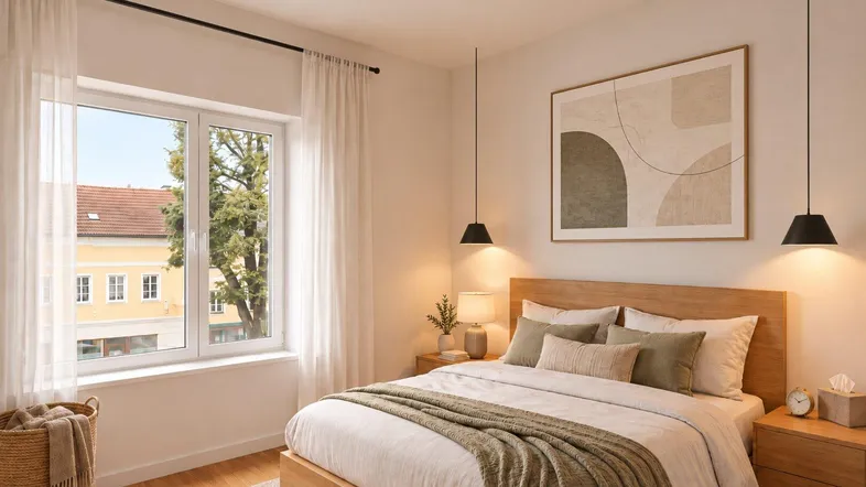 Helles Schlafzimmer mit Holzbett, Nachttischen und einem großen Fenster mit Blick ins Grüne.