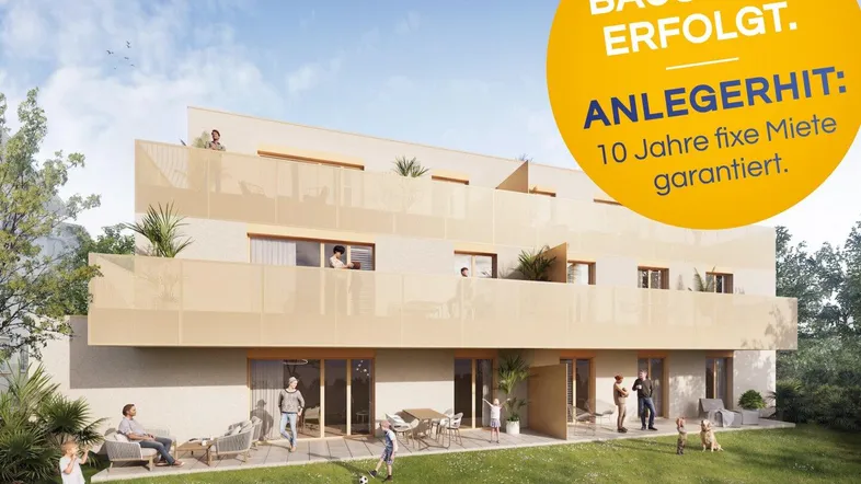 Visualisierung eines modernen Mehrfamilienhauses mit großzügigen Terrassen, Balkonen und Gartenflächen.