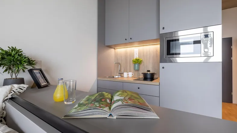 Moderne Küchenzeile in einem Studio-Apartment mit integrierter Mikrowelle und Kochfeld.