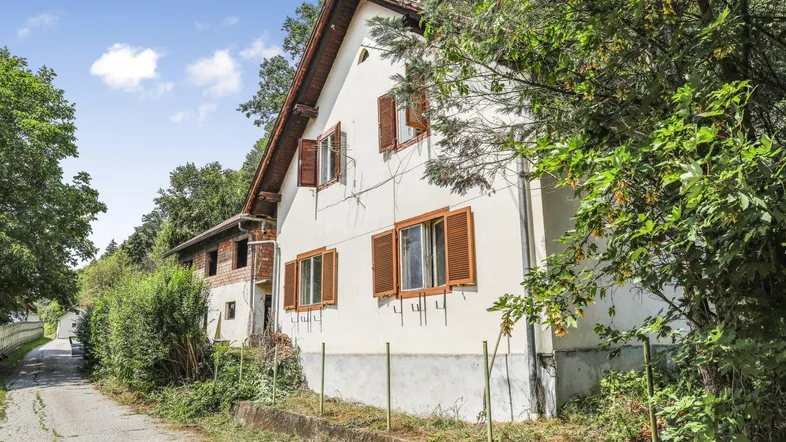Ländliches Haus mit weißer Fassade, braunen Fensterläden und Satteldach, umgeben von Bäumen.