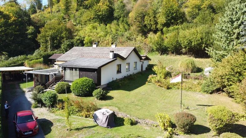 Luftaufnahme eines Hauses mit großem Garten, Auffahrt und einer Burgruine im Hintergrund.
