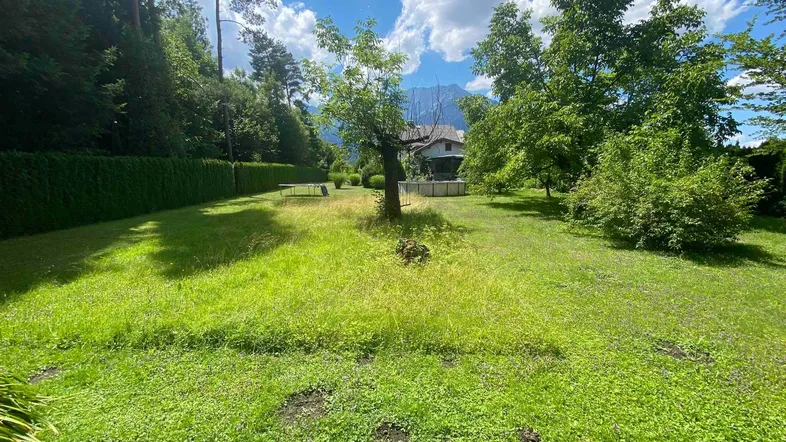 Weitläufiger Garten mit Rasenfläche, alten Bäumen und malerischem Bergblick im Hintergrund.