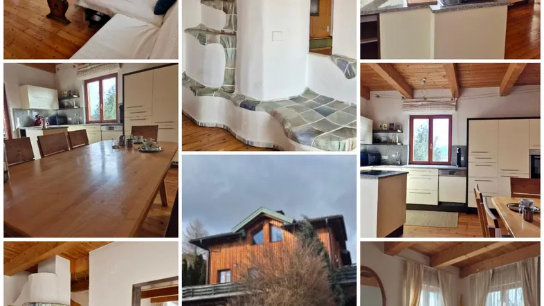 Eine Collage mit verschiedenen Innenansichten, darunter Küche, Wohnzimmer mit Kachelofen und Essbereich.