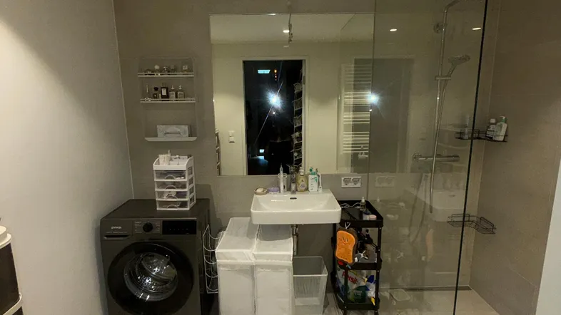 Modernes Badezimmer mit begehbarer Dusche, Waschbecken, Waschmaschine und beheiztem Handtuchhalter.