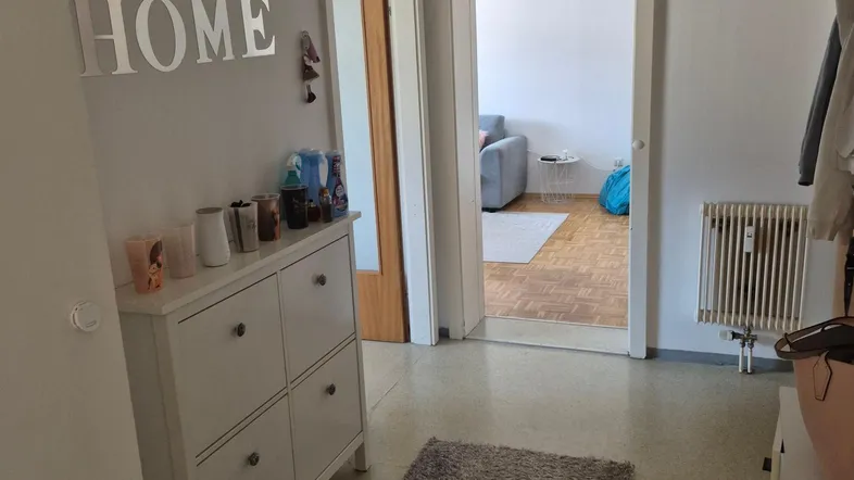 Heller Flur mit Schuhschrank und Blick in das angrenzende Wohnzimmer mit Parkettboden.
