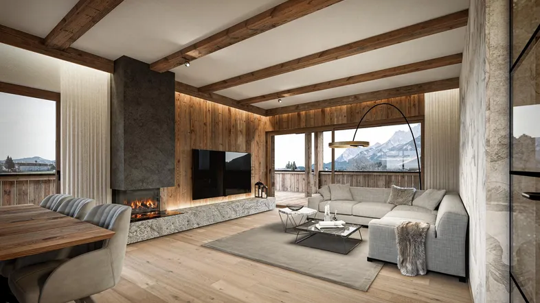 Modernes Wohnzimmer mit Holzbalken, Kamin und Bergblick, offen zum Essbereich.
