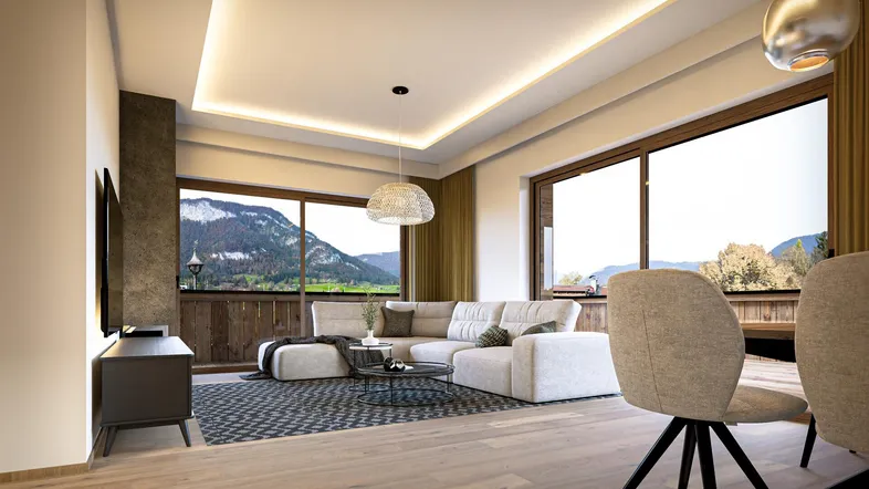 Modernes Wohnzimmer mit großen Fenstern, Bergblick und hellem Parkettboden.