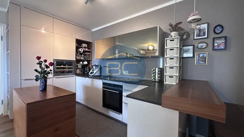 Detailansicht der modernen Küche mit integriertem Backofen, Induktionskochfeld und Frühstücksbar.