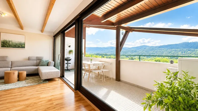 Helles Wohnzimmer mit Holzbalken, Parkettboden und Zugang zu einem Balkon mit Bergblick.