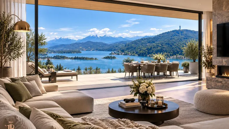 Luxuriöses Wohnzimmer mit raumhohen Fenstern, Kamin und atemberaubendem Blick auf den See und die Berge.