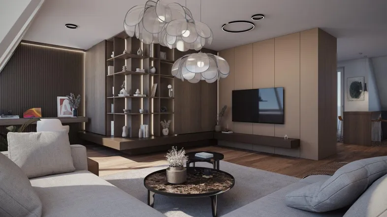 Modernes Wohnzimmer mit Dachschrägen, stilvollen Pendelleuchten und integriertem Regal.