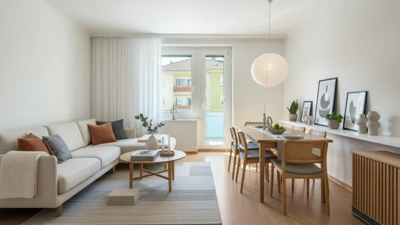 Helles, modern eingerichtetes Wohn-Esszimmer mit Parkettboden, beigem Sofa und Zugang zum Balkon.