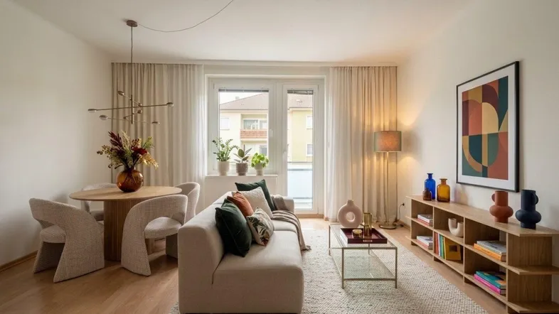 Helles, modern eingerichtetes Wohn-Esszimmer mit Zugang zum Balkon und stilvoller Dekoration.