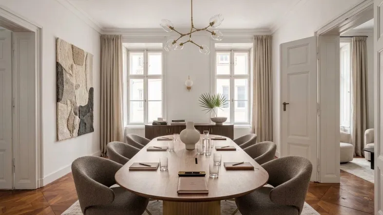 Eleganter Essbereich mit großem Holztisch, modernen Stühlen und Fischgrätparkett. Helle Fenster lassen viel Tageslicht herein.