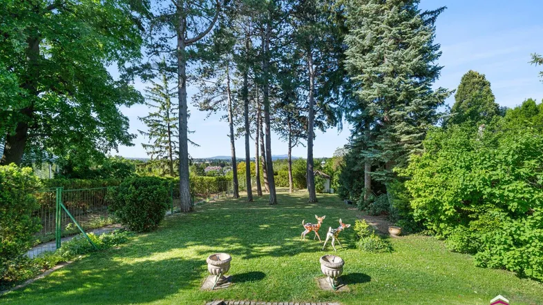 Gepflegter Garten mit altem Baumbestand, Rasenfläche und weitem Blick in die Landschaft.