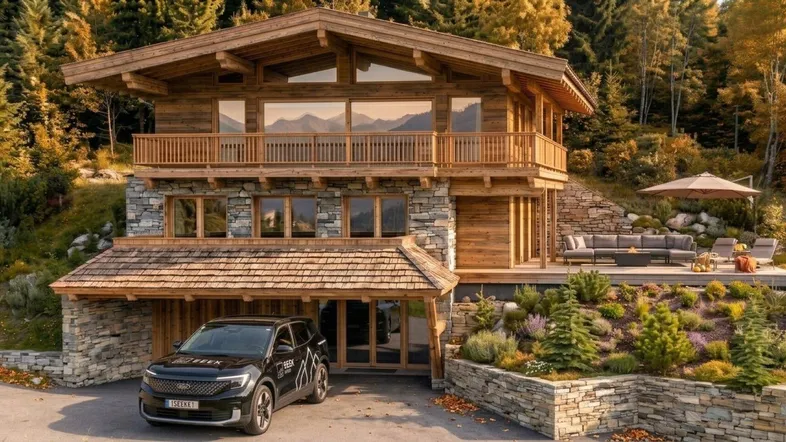 Luxuriöses Chalet aus Holz und Stein mit großer Terrasse, Bergblick und integrierter Garage.