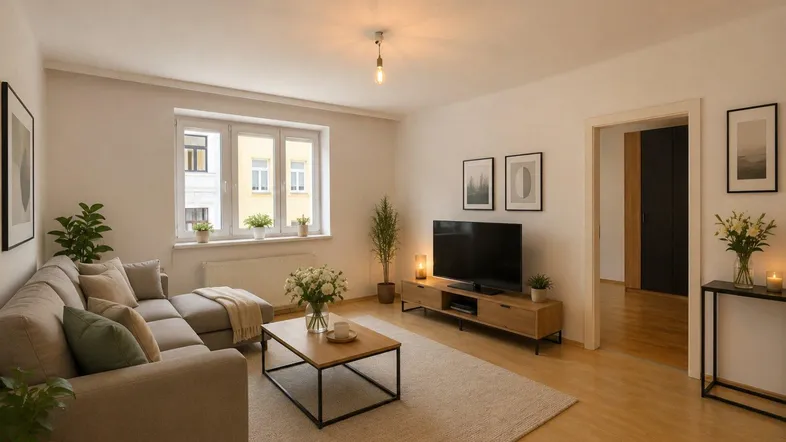 Helles Wohnzimmer mit beigem Sofa, Holzboden und modernem Mediamöbel.