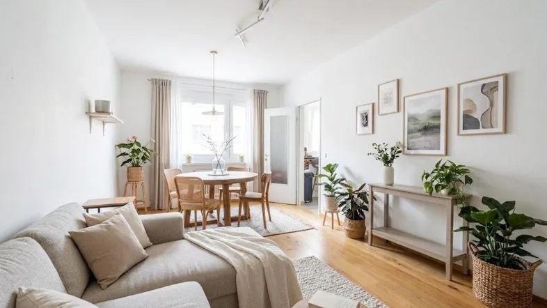 Helles Wohn- und Esszimmer mit Holzboden, beigem Sofa und modernem Dekor.