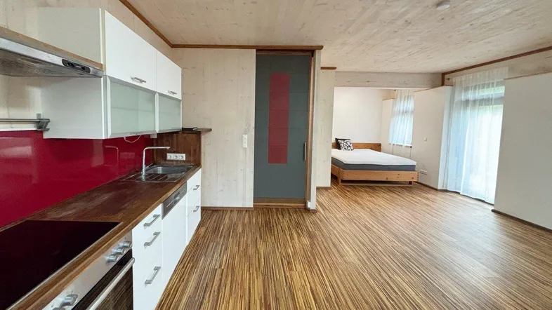Offener Wohnbereich mit integrierter Küche und Schlafbereich, gekennzeichnet durch Holzverkleidungen.