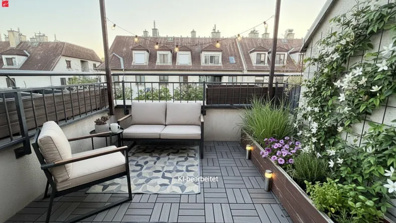 Gemütliche Dachterrasse mit bequemen Sitzgelegenheiten, Pflanzen und Lichterkette, ideal für entspannte Abende.
