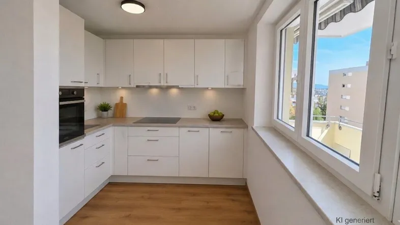 Moderne Küche mit weißen Schränken, Holzboden und einem Fenster mit weitem Blick über die Stadt.