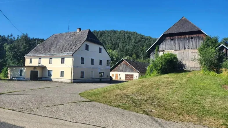 Mehrere ländliche Gebäude mit traditionellen Dächern und einem großen Vorplatz vor bewaldetem Hintergrund.