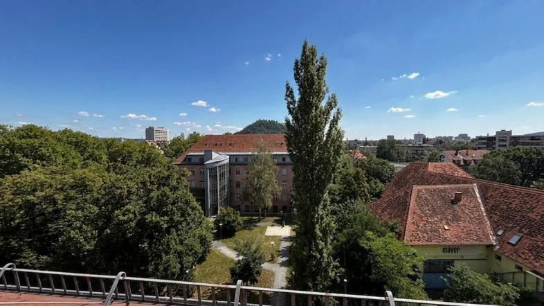 Weitblick über die Stadt mit grünen Bäumen und Gebäuden unter blauem Himmel.