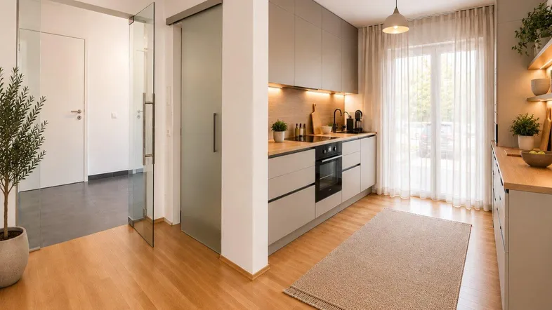 Moderne Küche mit hellen Holzfußböden, integrierten Geräten und Schiebetür zu einem weiteren Raum.