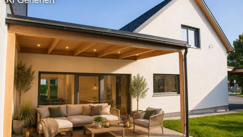 Überdachte Terrasse mit bequemen Gartenmöbeln und Zugang zum Wohnbereich des Hauses.