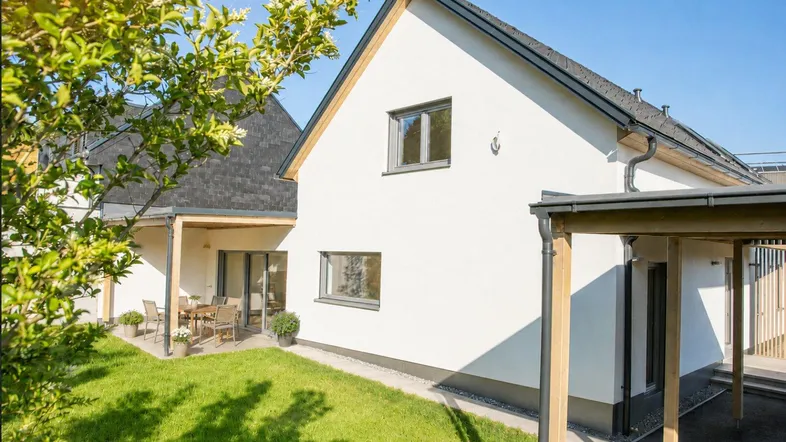 Neubau-Einfamilienhaus mit gepflegtem Rasen, Terrasse und überdachtem Stellplatz.