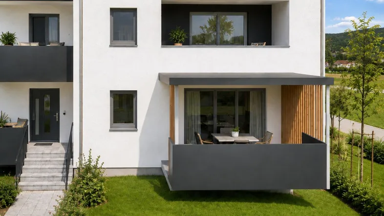 Moderne weiße Fassade mit dunklen Balkonen und einer möblierten Terrasse im Erdgeschoss.