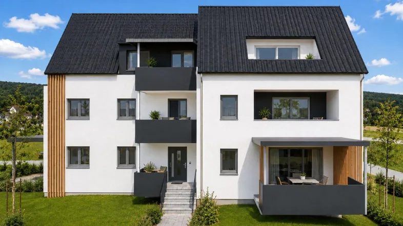 Modernes Mehrfamilienhaus mit weißer Fassade, dunklem Dach und mehreren Balkonen in grüner Umgebung.