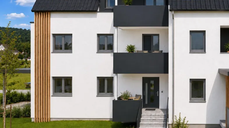 Modernes Mehrfamilienhaus mit weißer Fassade, dunklen Balkonen und Holzverkleidung.