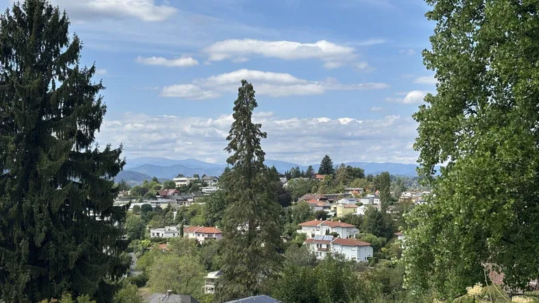 Panoramablick über eine Wohnsiedlung mit grüner Landschaft und Bergen im Hintergrund, inklusive Solaranlage auf einem Dach.