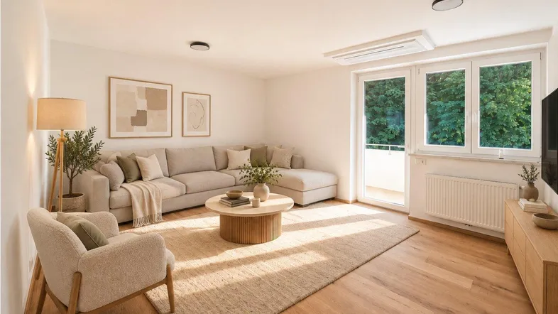 Helles Wohnzimmer mit modernem Sofa, Holzboden und Zugang zum Balkon, künstlich inszeniert.