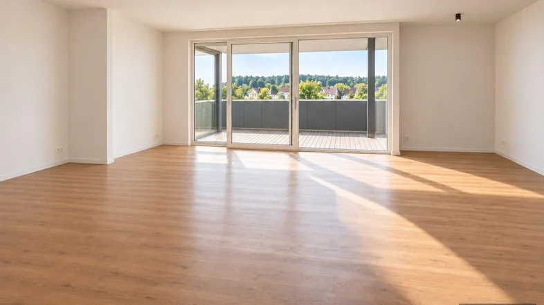 Helles, leeres Wohnzimmer mit großen Schiebetüren, die auf einen Balkon mit Weitblick führen.