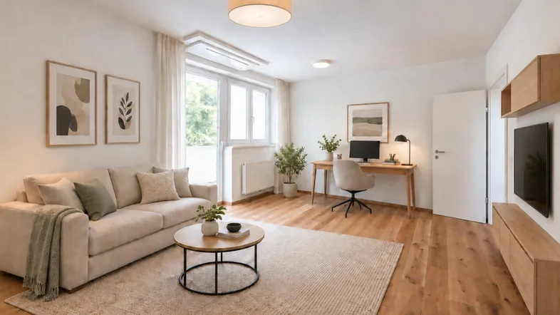 Helles Wohnzimmer mit Holzboden, beigem Sofa und integriertem Arbeitsbereich am Fenster.