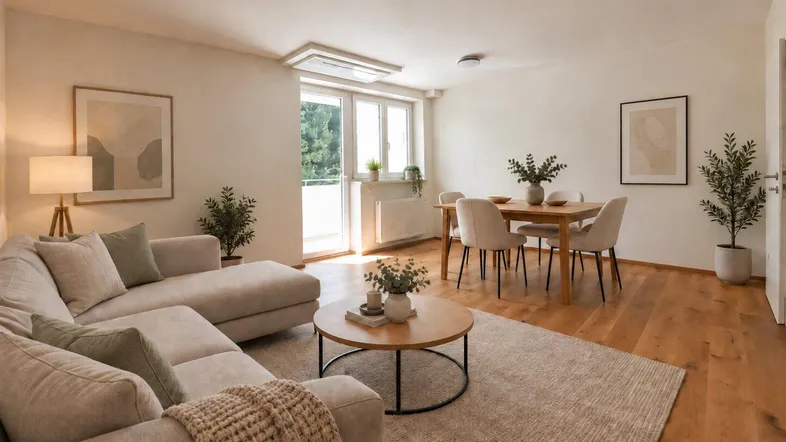 Helles Wohn- und Esszimmer mit modernem Sofa, Holzboden und Zugang zu einem Balkon.