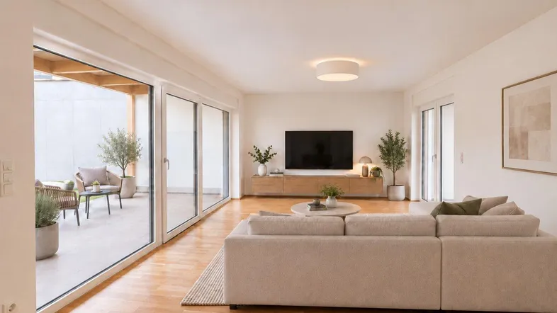 Helles Wohnzimmer mit Holzboden, moderner Einrichtung und direktem Zugang zu einer geräumigen Terrasse.